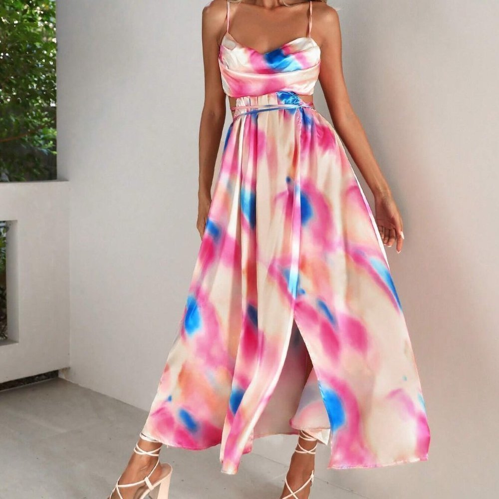 Multicolor Tie Dye Print Cut Out Waist Cami Maxi Dress - Picture 2 of 5